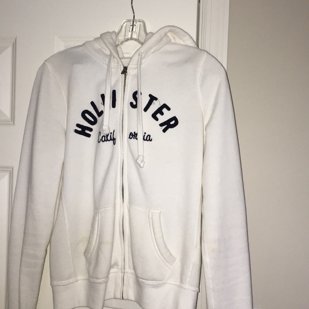 White and navy Hollister zip up hoodie
